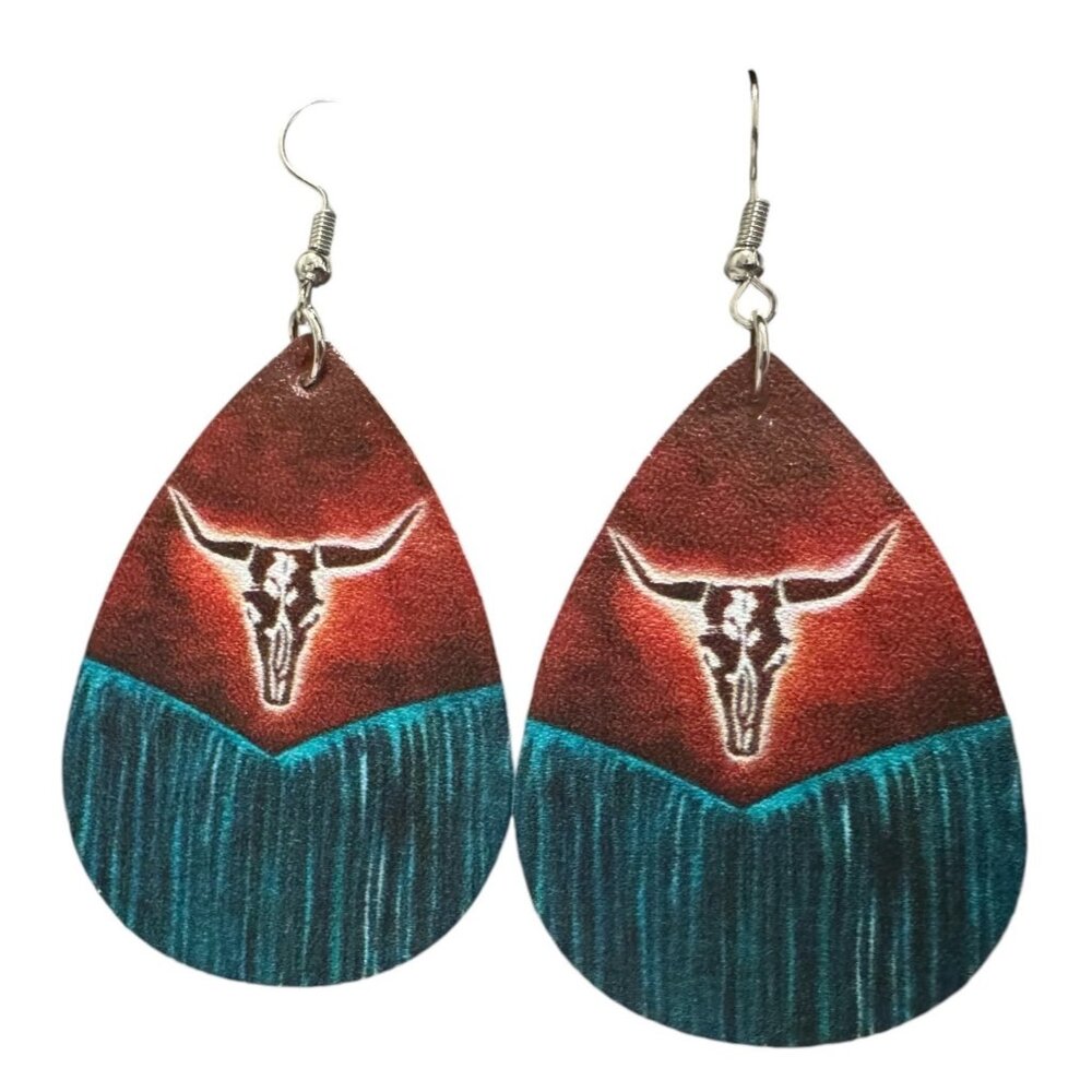 Bohemian Western Bull Head‎ Double-Sided Teardrop Earrings NEW